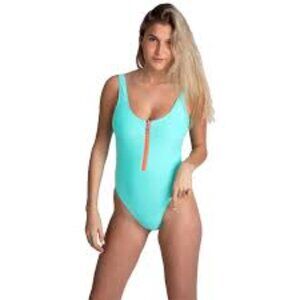 Y2K Vintage One Piece Teal/Pink Zippered Front Swimsuit Miami Surf Style Large